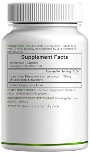 Deal Supplement Lions Mane Mushroom Supplement 240 Capsules " Active Fruiting Body and Mycelium Extract " Natural Brain Nootropic and Immune System Booster " NonGmo