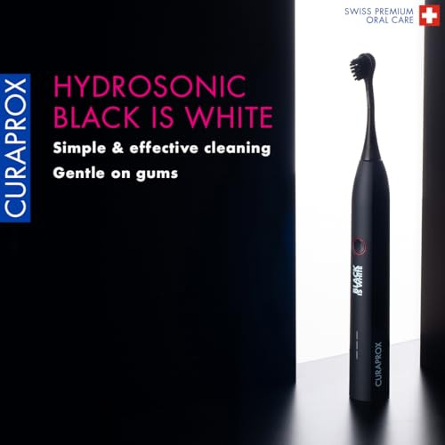 Curaprox Black Is White Hydrosonic Toothbrush " Teeth Whitening And Gum Care UltraGentle Cleaning With Carbon Brush Heads Set With Charger And Travel Case