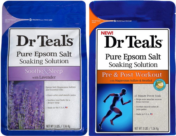 Dr. Teal'S Pure Epsom Salt Recovery Soaking Solution Set 2 Pack 3Lbs Ea. Soothe and Sleep Lavender Pre and Post Workout With Magnesium Sulfate and Menthol