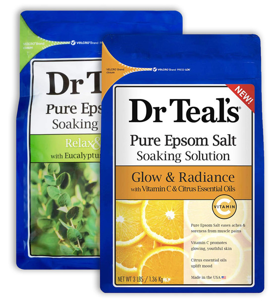Dr Teal'S Pure Epsom Salt Bath Variety Set 2 Pack 3Lb Ea. Relax and Relief Eucalyptus and Spearmint Glow and Radiance Vitamin C and Citrus Essential Oils Soothe The Mind Alleviated Daily Stress