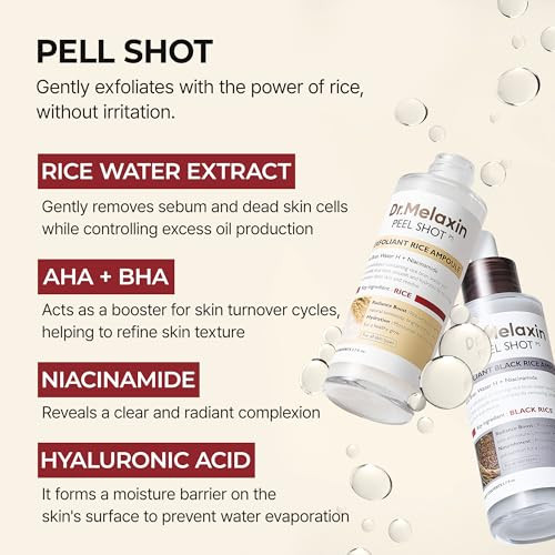 Dr.Melaxin Peel Shot Glow White And Black Rice Ampoule Duo Soft Exfoliating Face And Dead Skin Cells Blackheads Remover For All Skin Types