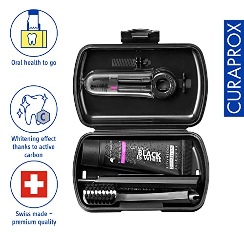 Curaprox Travel Toothbrush Set " For Teeth Whitening On The Go Black Is White Edition Includes Toothpaste Toothbrush and Interdental Brushes
