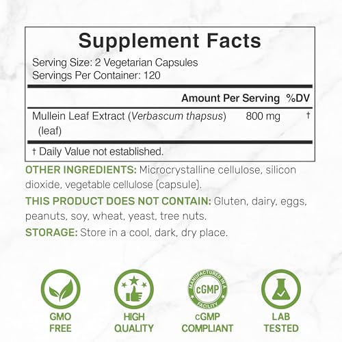 Deal Supplement Mullein Leaf Extract 240 Veggie Capsules " 4 Month Supply " NonGmo Vegan