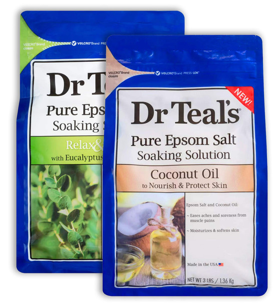 Dr Teal'S Epsom Salt Bath Variety Set 2 Pack 3Lb Ea Relax and Relief Eucalyptus and Spearmint Nourish and Protect Coconut Essential Oils and Pure Epsom Salt