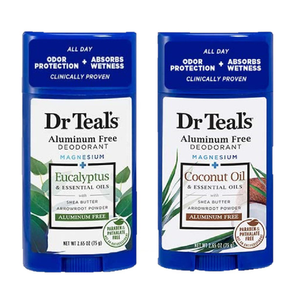 Dr. Teals Deodorant Variety Set 2 Pack Ea. Eucalyptus and Coconut Oil Essential Oils Shea Butter and Magnesium Help Absorb Moisture and Keep Skin Clean and Healthy 2.65Oz