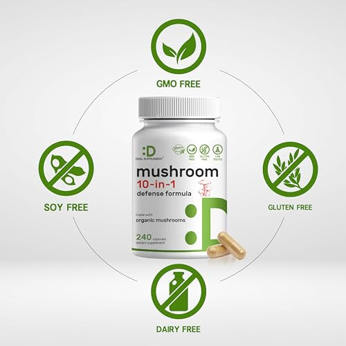 Deal Supplement Organic 10In1 Mushroom Supplement " Lions Mane Turkey Tail Reishi Cordyceps and More Mushroom Complex " Immune Energy and Nootropic Brain Support " NonGmo 240 Capsules