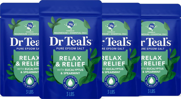 Dr Teal'S Pure Epsom Salt Relax and Relief With Eucalyptus And Spearmint 3 Lb Pack Of 4