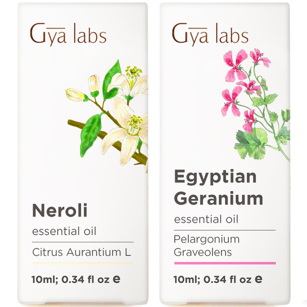 Gya Labs Neroli Essential Oil For Diffuser and Egyptian Geranium Essential Oil For Skin Set Aromatherapy Grade Essential Oils Set 2X0.34 Fl Oz Gya Labs