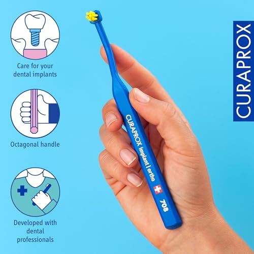 Curaprox Implant Toothbrush " For Implants Braces And Tricky Spots Flexible Head For Precise Cleaning Single Pack BlueYellow
