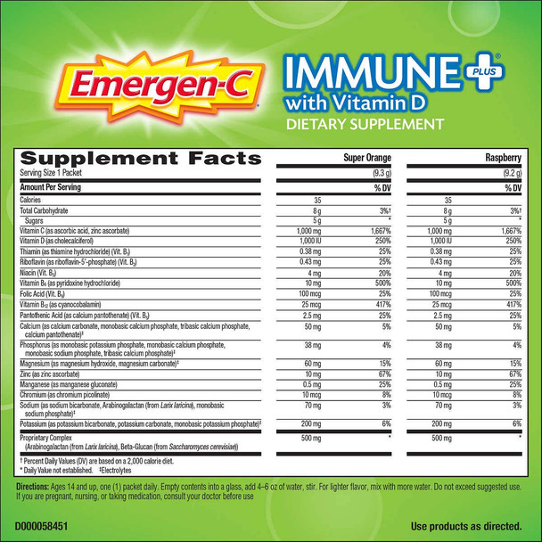 Emergen-C Immune+ System Support Dietary Supplement Drink Mix With Vitamin D, 1000mg Vitamin C - 70 packets (30 - Raspberry Flavor, 40 - Super Orange Flavor)