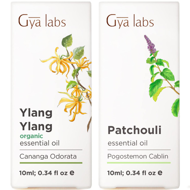 Gya Labs Organic Ylang Essential Oil For Diffuser and Patchouli Essential Oil For Diffuser Set Aromatherapy Grade Essential Oils Set 2X0.34 Fl Oz Gya Labs