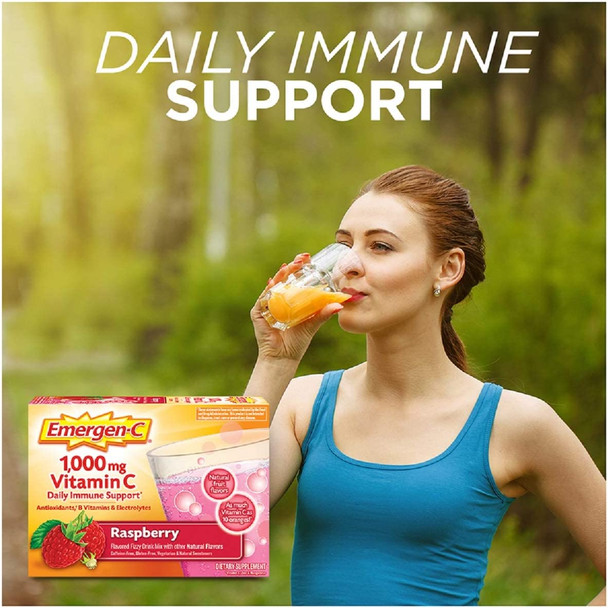 Emergen-C 1000mg Vitamin C Powder, with Antioxidants, B Vitamins and Electrolytes, Immunity Supplements for Immune Support, Caffeine Free Fizzy Drink Mix, Raspberry Flavor - 30 Count/1 Month Supply