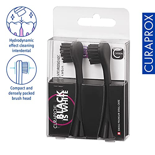 Curaprox Hydrosonic Brush Heads Black Is White Carbon Duo " For Effective Plaque Removal and Whitening Sonic Toothbrush Heads 2Pack Swiss Made