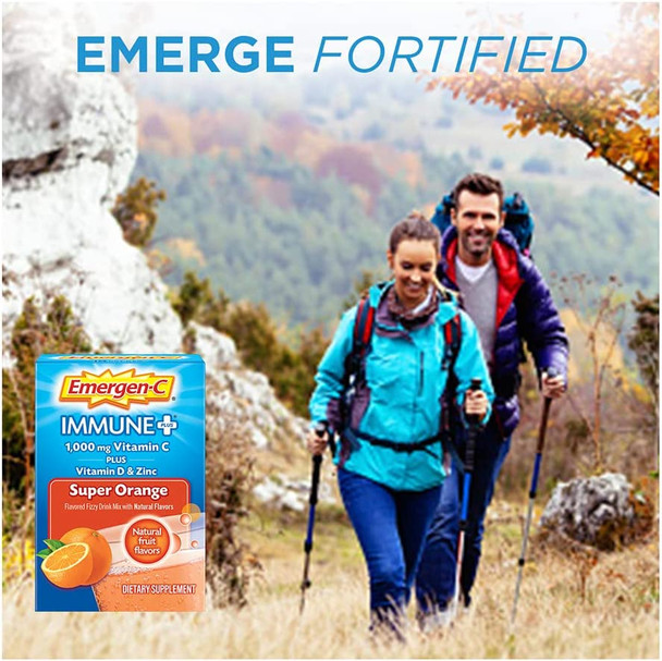 Emergen-C Immune+ Vitamin C 1000mg Powder, Plus Vitamin D And Zinc (30 Count, Super Orange Flavor, 1 Month Supply), Immune Support Dietary Supplement Fizzy Drink Mix, Antioxidants & Electrolytes