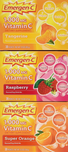 Emergen-C 1,000 mg Vitamin C Dietary Supplement Drink Mix, Super Orange/Raspberry/Tropical, 90 Packets, Net Wt. 28.5 oz.