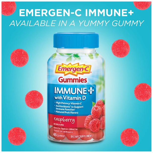 Emergen-C Immune+ Immune Gummies, Vitamin D Plus 750 mg Vitamin C, Immune Support Dietary Supplement, Caffeine , Gluten , Raspberry Flavor - 45 Count