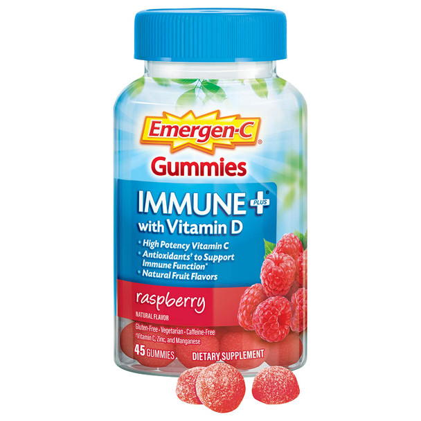 Emergen-C Immune+ Immune Gummies, Vitamin D Plus 750 mg Vitamin C, Immune Support Dietary Supplement, Caffeine Free, Gluten Free, Raspberry Flavor - 45 Count