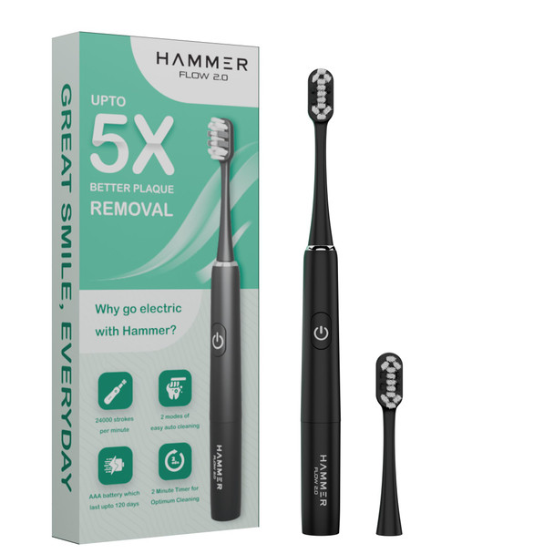 Hammer Flow 2.0 Electric Toothbrush For Adults And 2 able Brush Heads For Men And Women 2 Brushing Modes Aaa Battery Waterproof SuperSoft Bristles Pack Of Electric Brush Blue