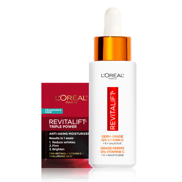 L'Oreal Paris Revitalift 12% Pure Vitamin C Serum Brightening Serum For Face With Vitamin E Salicylic Acid 1 Oz + Moisturizer Sample