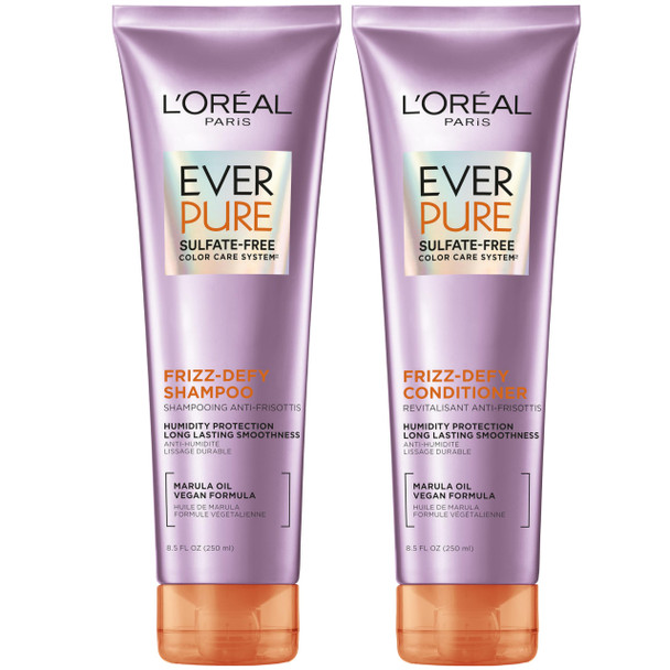 L'Oreal Paris Frizz Defy Shampoo And Conditioner Set Frizz Control Hair Care With Marula Oil Everpure 8.5 Fl Oz Set Of 2