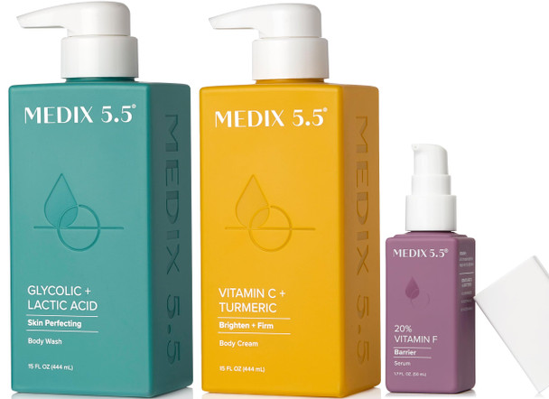 Medix 5.5 Anti Aging Skin Care 3Pc Set Vitamin C Body Cream + Exfoliating Aha Glycolic Acid Foaming Face and Body Wash + Vitamin F Booster Serum Wash + Treat + Hydrate Skincare Set