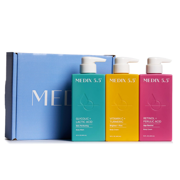 Medix 5.5 Medix Smooth and Glow 3Pc Skin Care Set Glycolic Acid Exfoliating Body Wash Gel + Brightening Vitamin C Cream + Firming Retinol Body Lotion Box Skin Care Products Gifts For Women