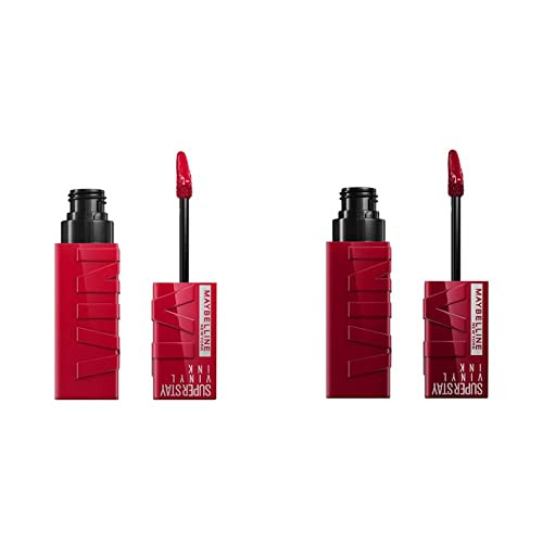 Maybelline Super Stay Vinyl Ink Longwear NoBudge Liquid Lipcolor Makeup Bundle With Royal Deep Wine Red And Wicked Cool Red 0.14 Fl Oz Lipsticks 0.14 Fl Oz