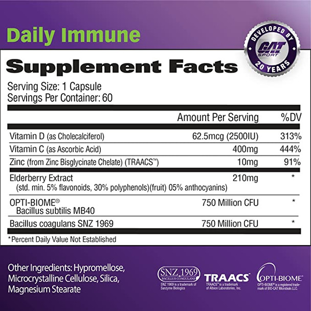 GAT Sport Daily Immune - Natural Healthy Immune Support with Elderberry, Zinc and Probiotics, 60 Capsules