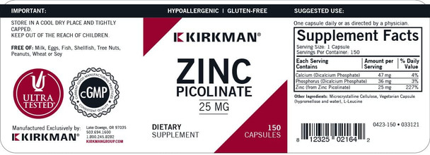 Kirkman  Zinc Picolinate 25 mg - Hypoallergenic  150 Vegetarian Capsules  Gluten   Casein   Minerals