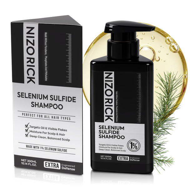 Nizorick AntiDandruff Shampoo 1% Selenium Sulfide For Flakes and Itchy Scalp NonDrying Hydrating Formula Gentle Care For Sensitive Scalp 10.14Oz