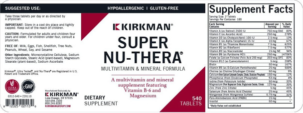Kirkman Super Nu-Thera || 540 Tablets || Provides high Vitamin B-6/magnesium and Vitamins. || Multi Vitamin ||  of Common allergens || Gluten and Casein