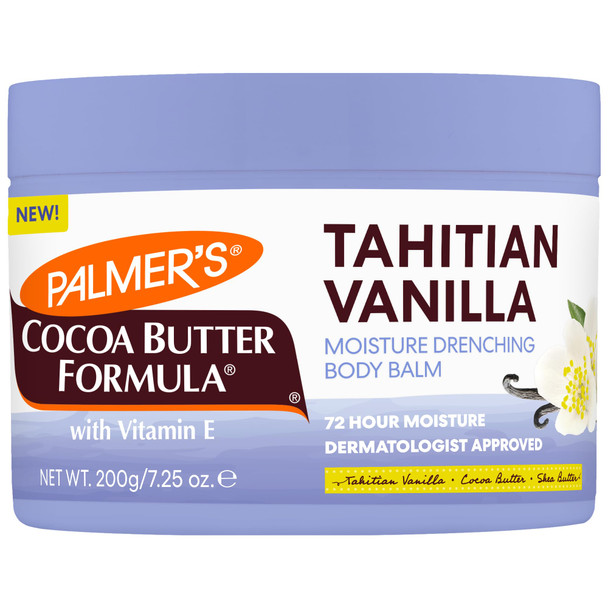 Palmers Cocoa Butter Formula Tahitian Vanilla Moisture Drenching Body Balm Warm Vanilla Body Moisturizer For Dry Skin Softens and Nourishes 72Hour Moisture Dermatologist Approved 7.25 Oz