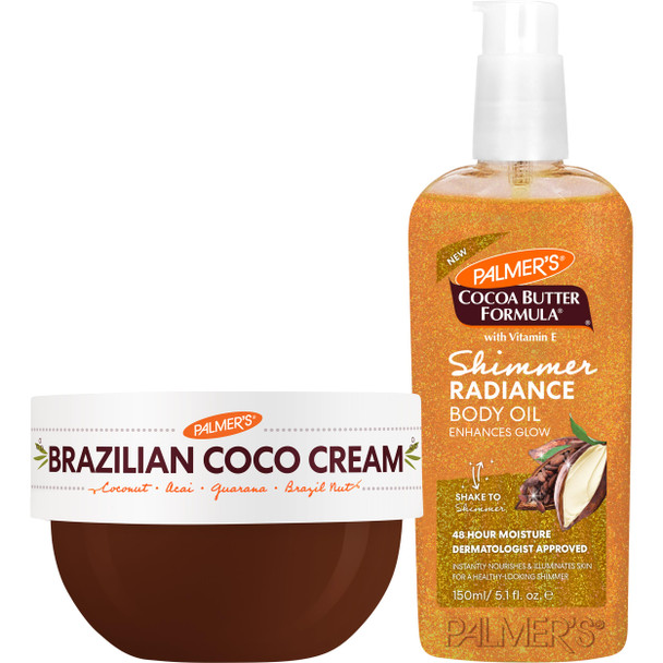 Palmer'S Brazilian Coco Cream and Shimmer Body Oil Duo Whipped Firming Body Cream + Shimmer Radiance Oil For Glowing TighterLooking Skin Provides 48 Hour Moisture 8.8 Oz 5.1 Fl Oz