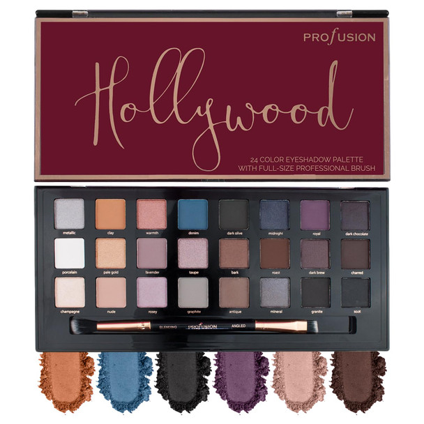 Profusion Cosmetics Hollywood 24 Shade Eyeshadow Palette " Highly Pigmented Matte and Shimmer Shades With DualEnded Brush Vegan and CrueltyFree