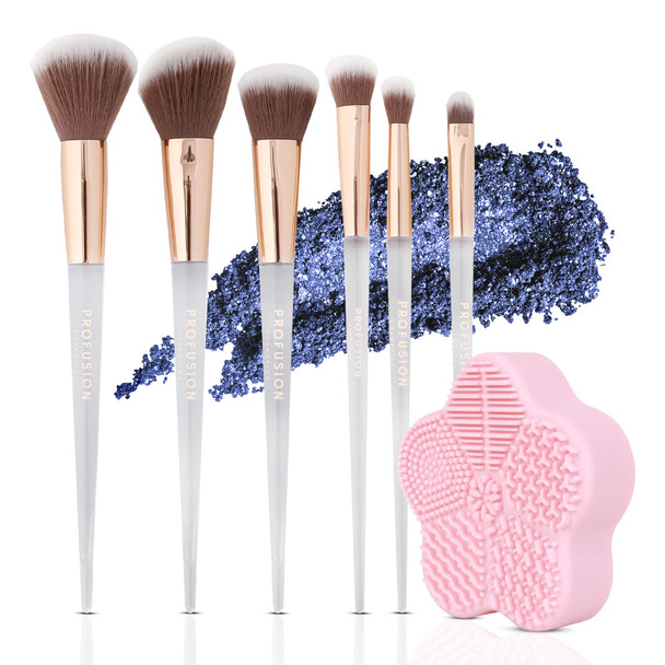 Profusion Cosmetics Frosted Snow Sparkle 7 Pc Makeup Brush Set With Silicone Makeup Brush Cleaner Mat TravelFriendly Tools For Precise Face and Eye Makeup