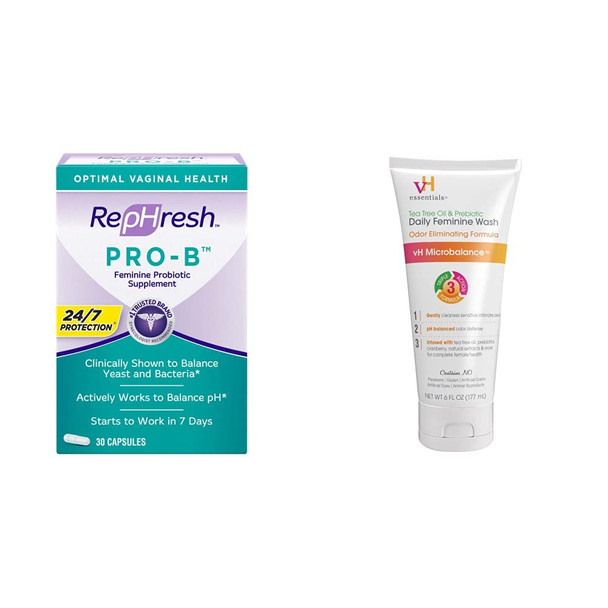 Rephresh ProB Probiotic Supplement For Women And Vh Essentials Ph Balanced Daily Feminine Wash 6 Fl Oz 30 Capsules