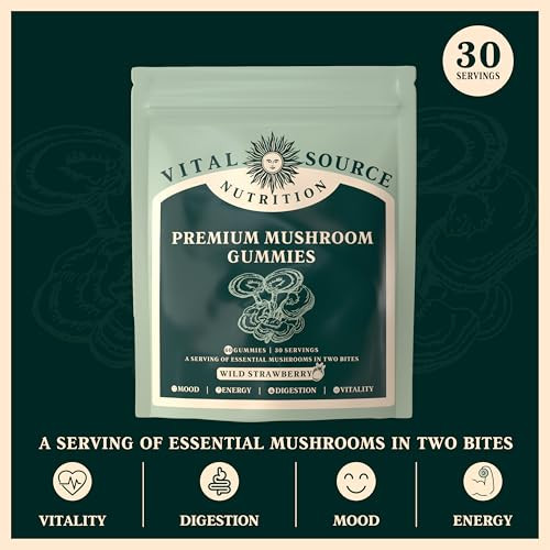 Vital Source Nutrition Premium Mushroom Gummies Vitality Digestion and Energy Support 10 Types Of Premium Mushrooms Vegan GlutenFree and Halal Wild Strawberry 60 Gummies 30 Servings