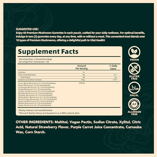 Vital Source Nutrition Premium Mushroom Gummies Vitality Digestion and Energy Support 10 Types Of Premium Mushrooms Vegan GlutenFree and Halal Wild Strawberry 60 Gummies 30 Servings