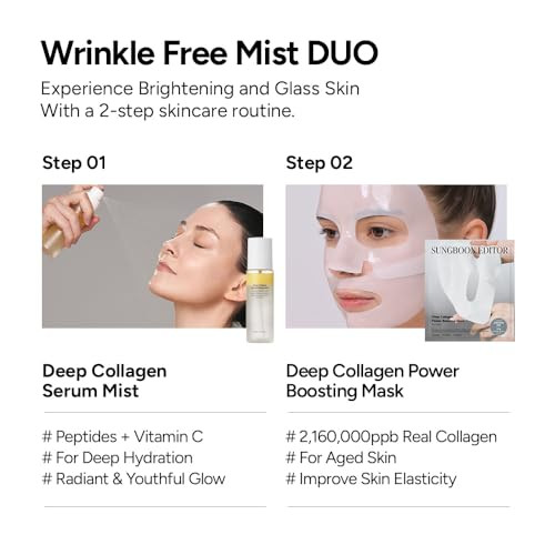 Sungboon Editor Wrinkle Mist Duo: Deep Collagen Power Boosting Mask Sheets 4Ea and Deep Collagen Barrier Serum Mist Hydrating Set For Women and Moms Korean Skincare