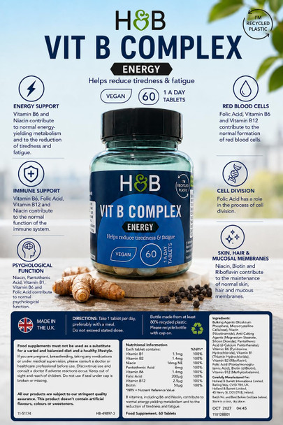 Holland & Barrett Vitamin B Complex – Energy Support Helps Reduce Tiredness and Fatigue with B1, B2, B6, B12, Niacin Folic Acid and Biotin Vegan 60 Tablets 1 A Day