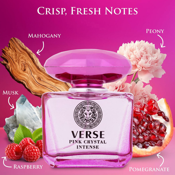 NovoGlow Verse Pink Crystal Intense for Women 3.4 fl Oz - Fruity & Floral Scents of Raspberry, Peony, Magnolia & Lotus Flowers - Base Notes of Amber, Vibrant Musk & Deep Mahogany Wood - Elegant 100ml Bottle