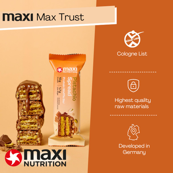 MaxiNutrition Pistachio Spread Protein Waffle Bar 12 x 39g bar, 10g protein, 199 kcal, 13g carbs per serving