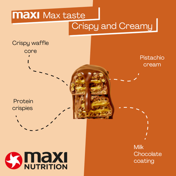 MaxiNutrition Pistachio Spread Protein Waffle Bar 12 x 39g bar, 10g protein, 199 kcal, 13g carbs per serving