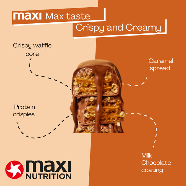 MaxiNutrition Caramel Spread Protein Waffle Bar 12 x 39g bar, 10g protein, 192 kcal, 14g carbs per bar