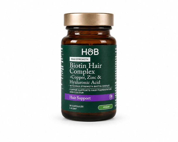 Holland & Barrett Max Strength Biotin Hair Complex 5000µg  with Copper Zinc and  Hyaluronic Acid  Hair Growth and  Pigmentation Support  Vegan 30 Capsules 1 Month Supply