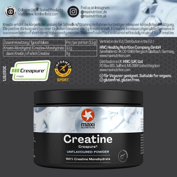 MaxiNutrition 100 Percent Creatine monohydrate, (Creapure) 250g, high dose and Pure creatine Powder for Maximum Performance During Your Training, Unflavoured (Pack of 2)