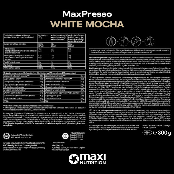 MaxiNutrition MaxPresso White Chocolate Mocha, Protein Coffee, Whey Protein Powder, 21 g Protein per Serving, Sugar-Free & Low-Fat, Mix Warm or Cold