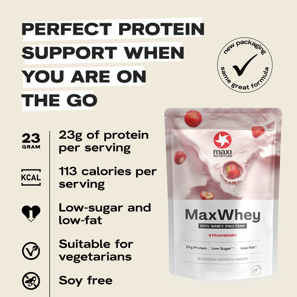 MaxiNutrition - MaxWhey - Whey Protein Powder Strawberry - Low-Fat - Low Sugar - Gluten & Soy-Free - Vegetarian - 420g - 113 kcal per Serving - 14 Servings