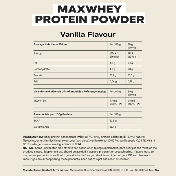MaxiNutrition - MaxWhey - Whey Protein Powder Vanilla - Low-Fat - Low Sugar - Gluten & Soy-Free - Vegetarian - 420g - 113 kcal per Serving - 14 Servings