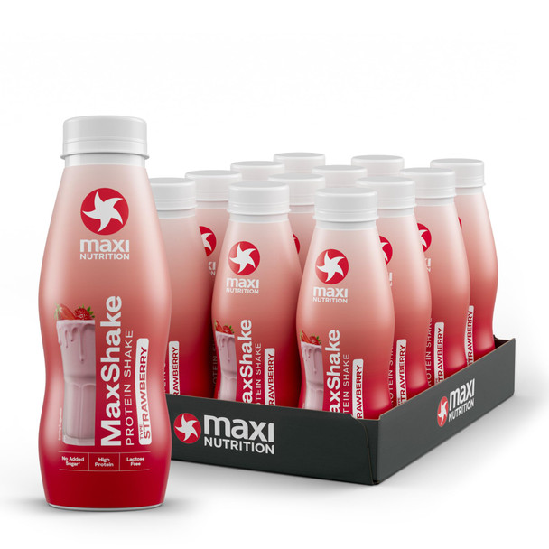 MaxiNutrition MaxShake Protein Milkshake Strawberry, 12 x 330 ml, Creamy Protein Shake for Travel, 25 g Protein, Low Fat and Low Carb, Lactose-Free, No Artificial Flavours